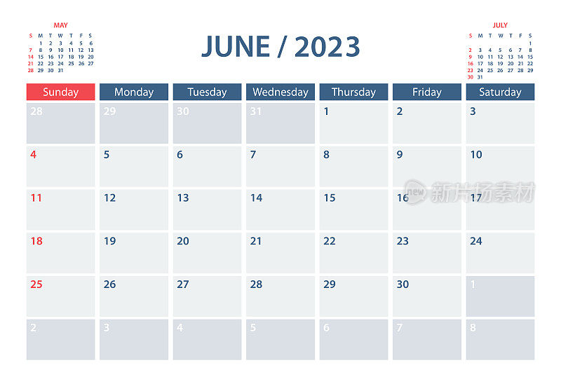 2023 June Calendar Planner Vector Template。一周从周日开始